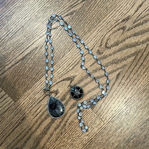 Bezeled moonstone chain w/ black teardrop diamond charm.black onyx diamond charm